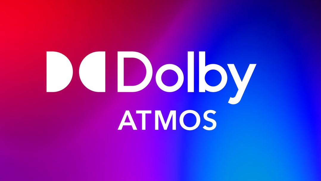 Çok renkli arka planda Dolby Atmos logosu