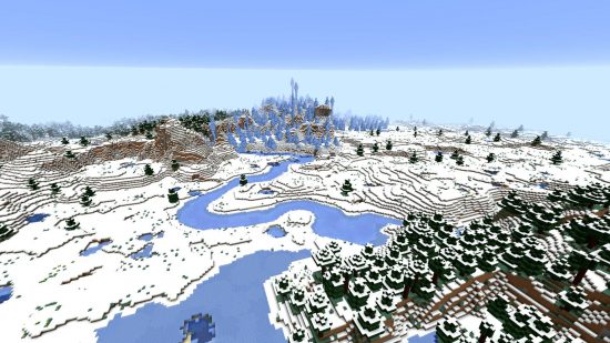En iyi Noel oyunları - Minecraft'ta donmuş bir göl, karla kaplı ağaçlar ve dağlarla tamamlanmış bir kış biyomu.