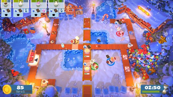 En iyi Noel oyunları - Overcooked 2'de umutsuzca bir Noel ziyafeti hazırlamaya çalışan dört oyuncu.