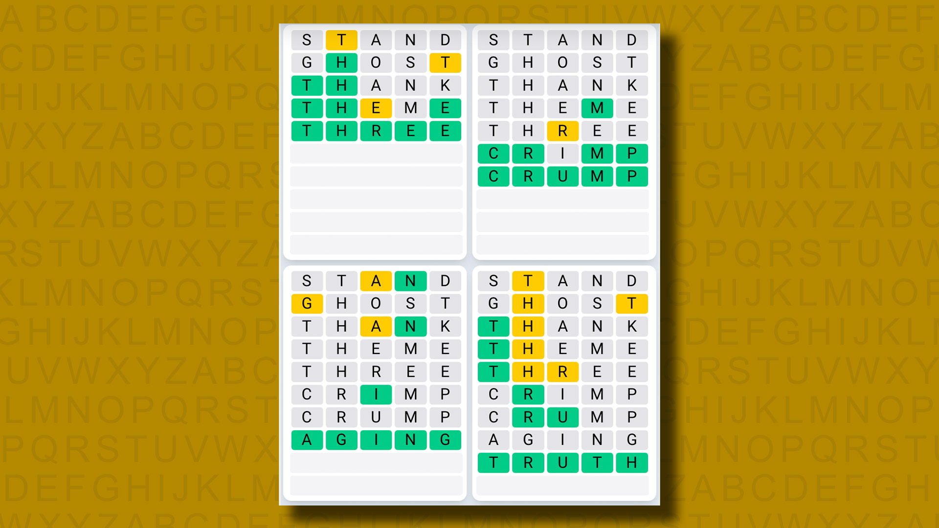 Sarı arka planda 1065 numaralı oyunun Quordle Günlük Dizisi yanıtları