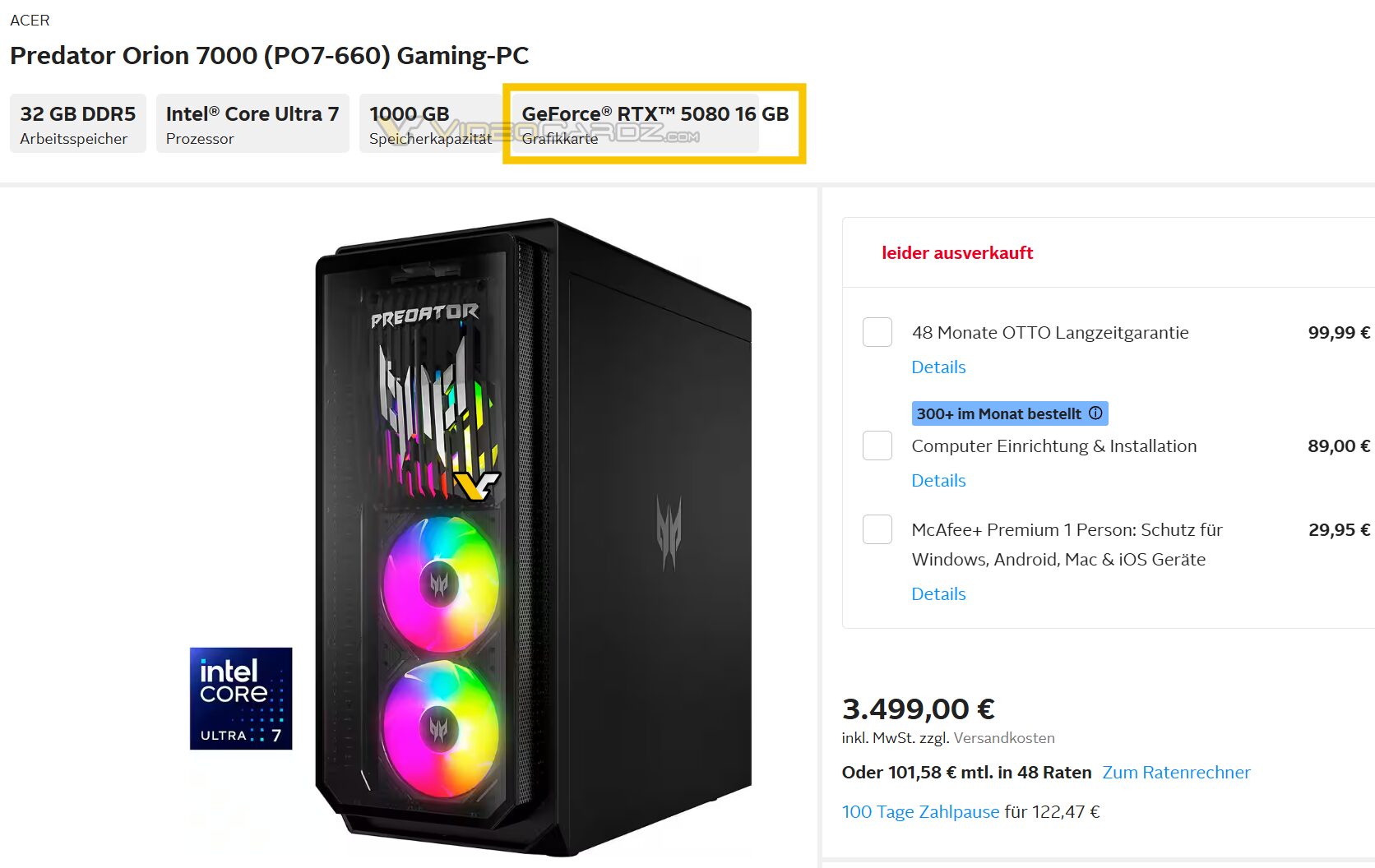 Acer Predator Orion 7000, Videocardz.com aracılığıyla sızdırıldı (Otto.de'den alınmıştır)