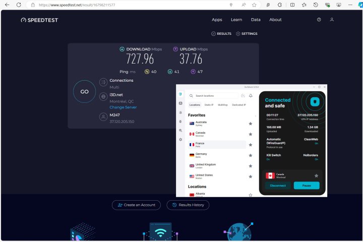 Surfshark yakındaki bir sunucuya bağlandığında etkileyici bir hız gösterdi.