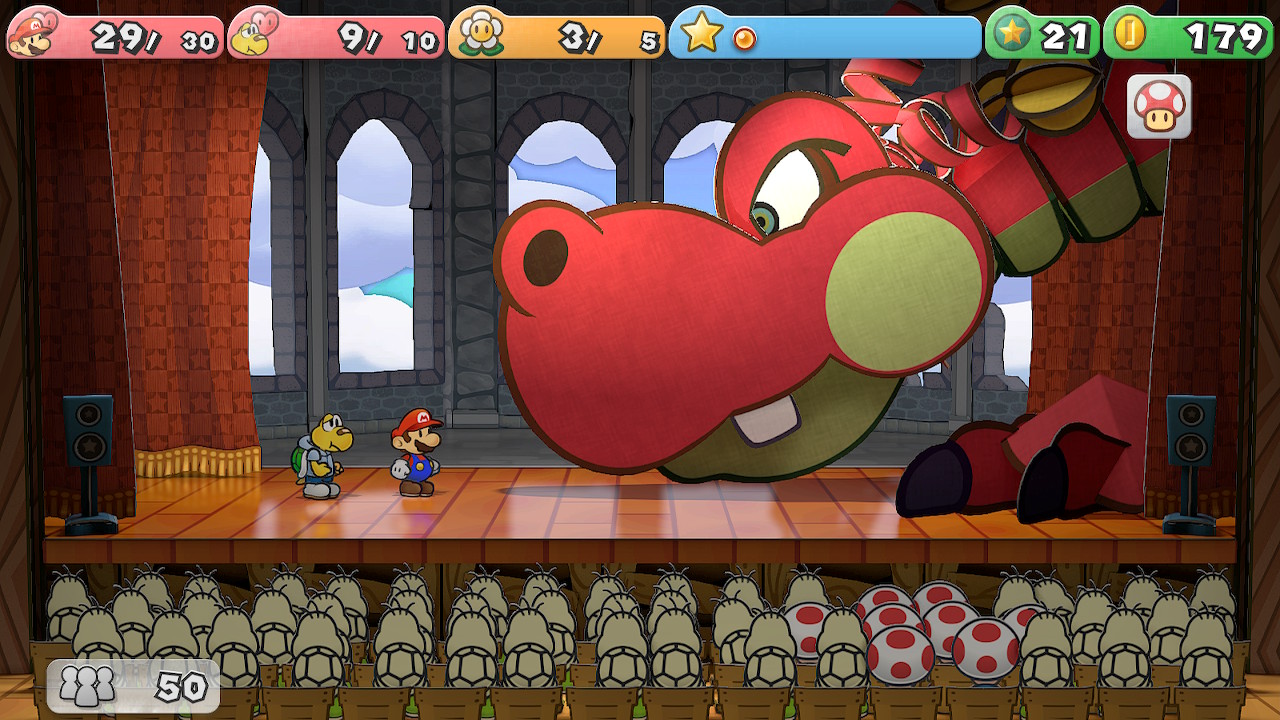 Paper Mario: The Thousand-Year Door'dan Mario ve Koops'un savaşta ejderha Kancakuyruk'la mücadelesini gösteren bir ekran görüntüsü