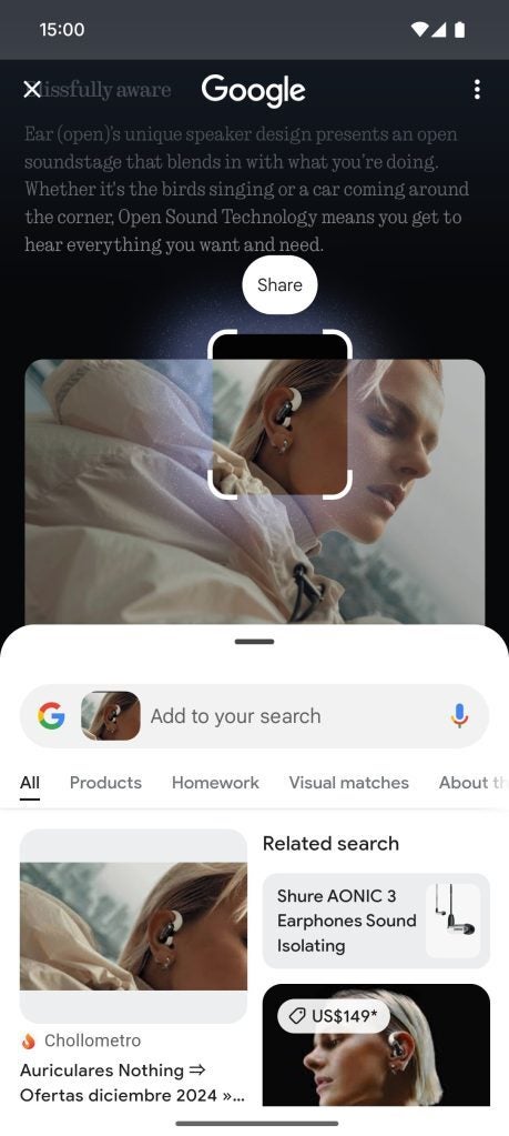 Nothing OS Android 15'te bulunan Circle to Search özelliğinin ekran görüntüsü