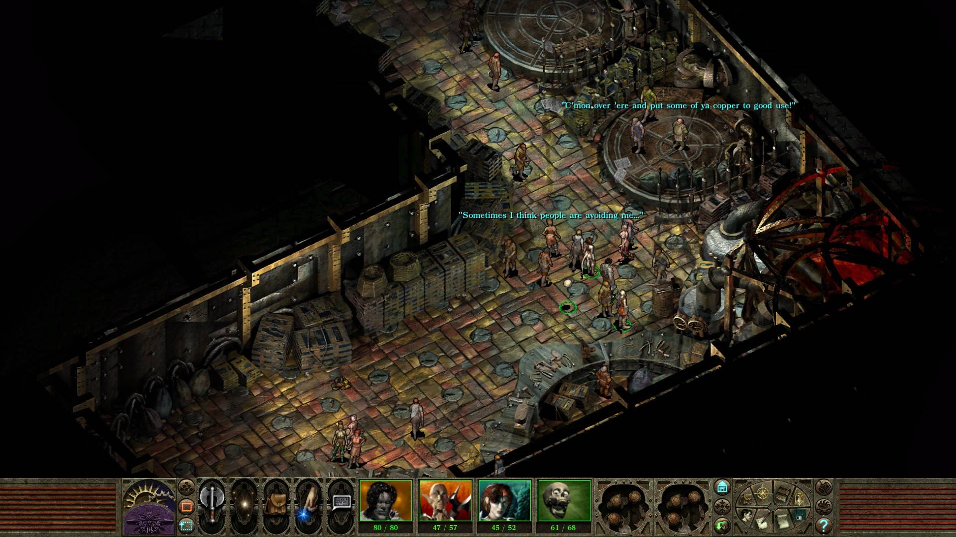 planscape-işkence-yeniden yapımı Planescape: Torment'in bir yeraltı şehri bölgesinde dolaşan karakterleri gösteren bir görüntüsü