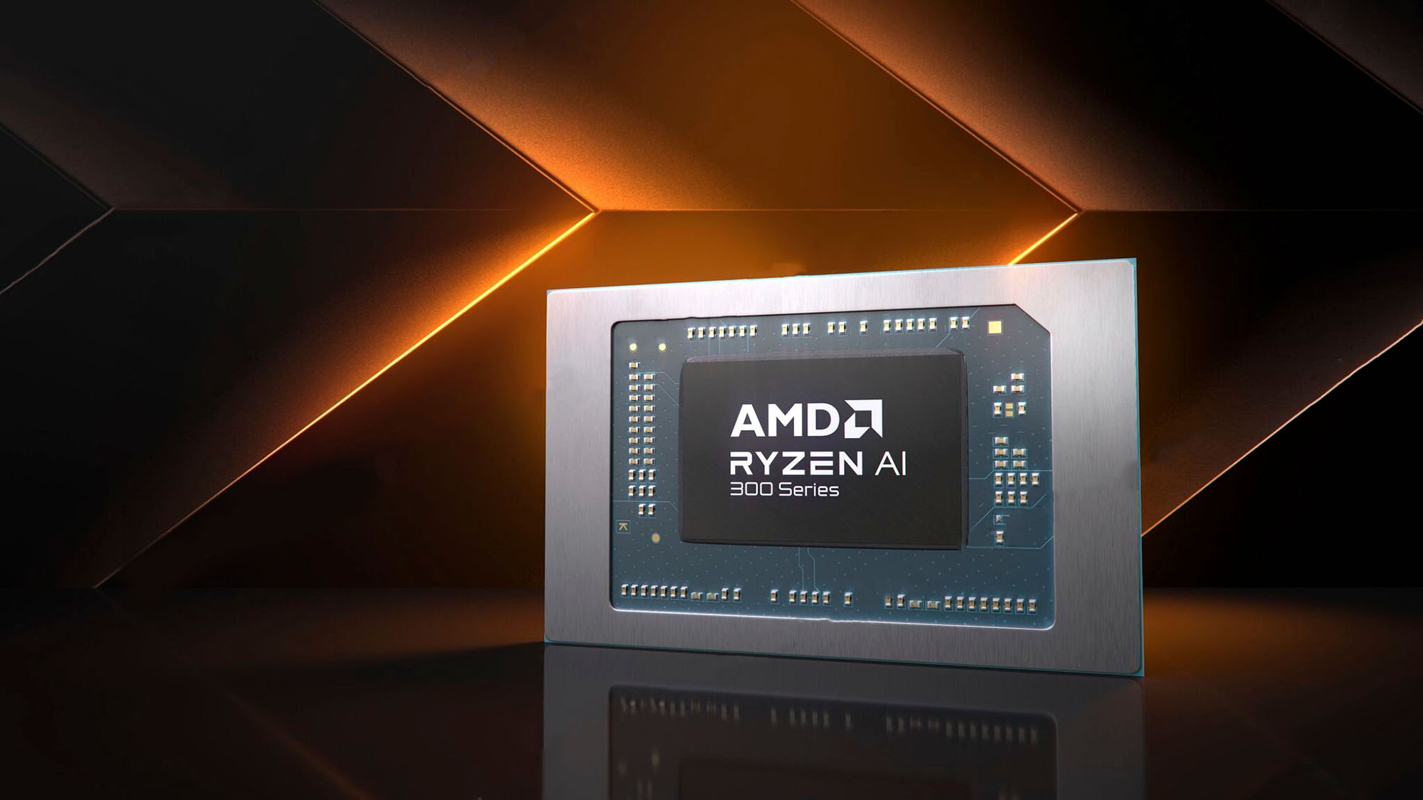 Stilize bir arka plan üzerinde AMD Ryzen AI 300 serisi çip