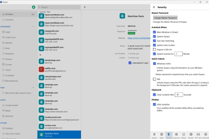 Enpass güvenlik ayarlarında Windows Hello'yu etkinleştirdim.