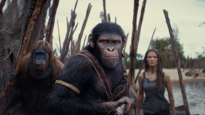 "Maymunlar Gezegeni Krallığı"ndan bir fotoğrafta bir orangutan, bir şempanze ve bir insan savaş hazırlığı yapıyor.