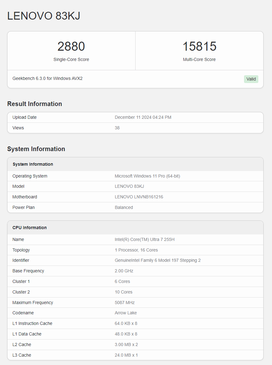 Core Ultra 7 255H Geekbench
