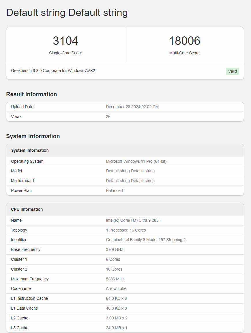 Core Ultra 9 285H Geekbench