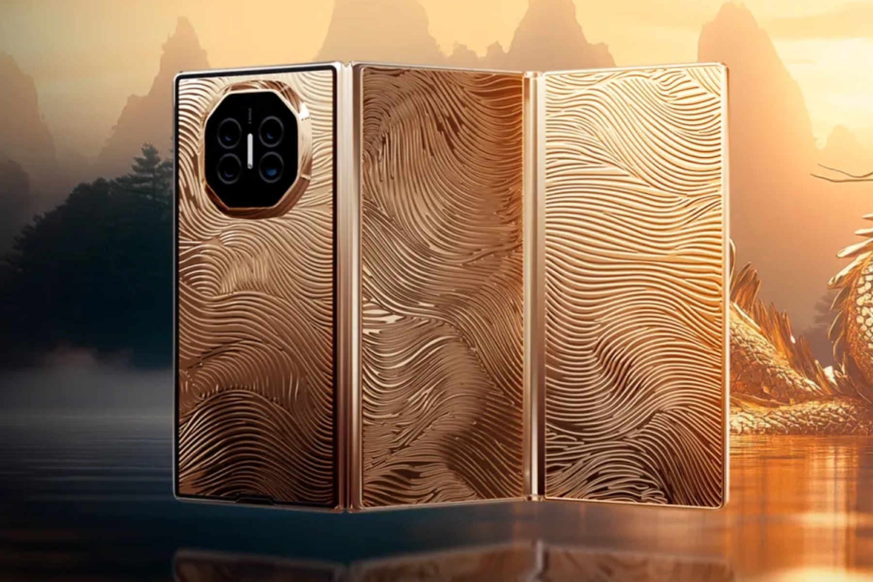 Huawei Mate XT Caviar Edition'ın arka profili.