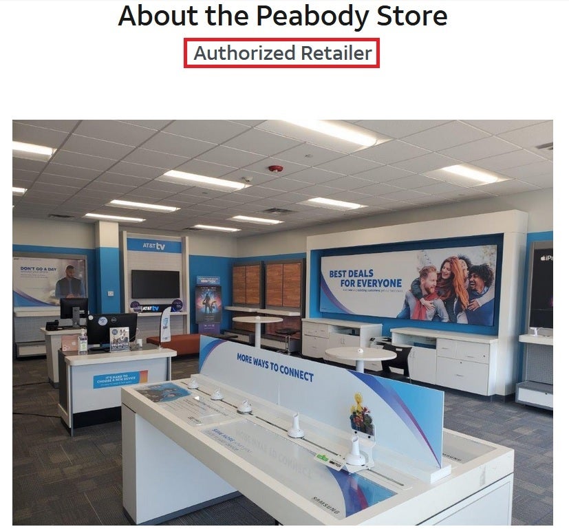 AT&T mağaza bulma aracı Peabody, Massachusetts'te yetkili bir perakendeciyi gösterir.