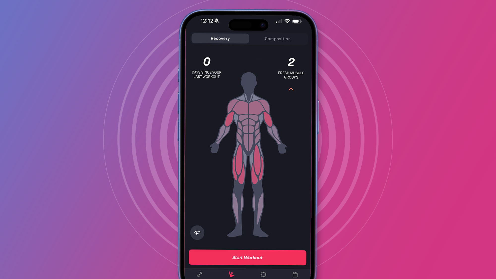 Fitbod uygulamasını gösteren pembe ve mor arka planlı bir telefon