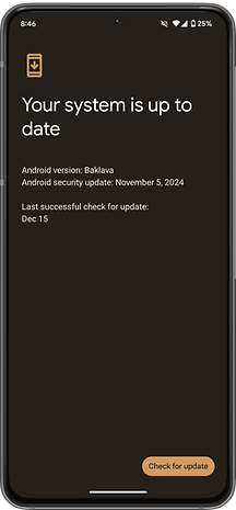Android cihaz ekranı sistem güncelleme durumunu gösterir: Android sürümü Baklava ile güncel.
