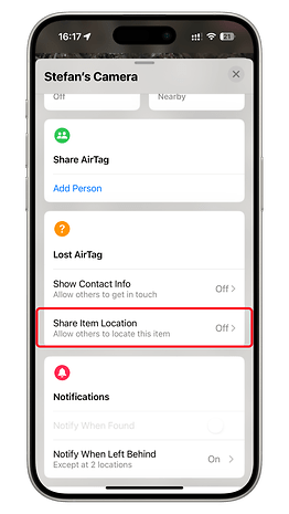 AirTag'in konumunu iPhone ekranında paylaşma ayarları.