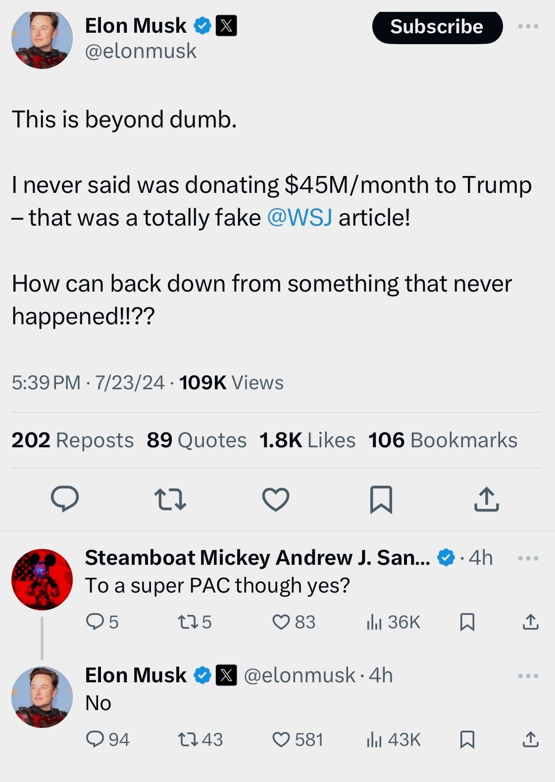 Elon Musk'un Donald Trump'a bağış yapma konusunda daha sonra silinen bir tweet'i.