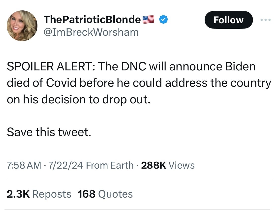 Joe Biden'ın covid nedeniyle öldüğünü iddia eden tweet.