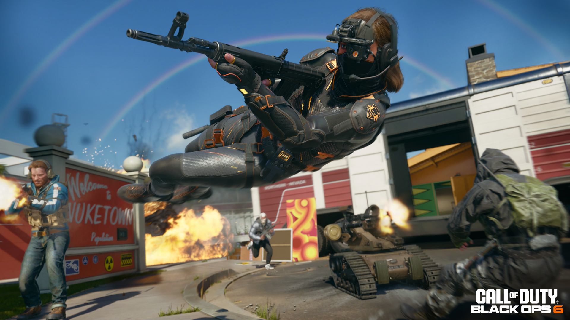 Call of Duty: Black Ops 6'daki yeni Nuketown haritasının, nişan alırken havada yanlara doğru atlayan bir operatörü gösteren görüntüsü.