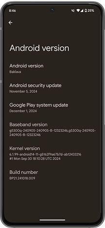Android sürüm ekranında baklava, güvenlik güncellemesi, sistem güncellemesi, temel bant, çekirdek ve yapı numarası gösterilir.