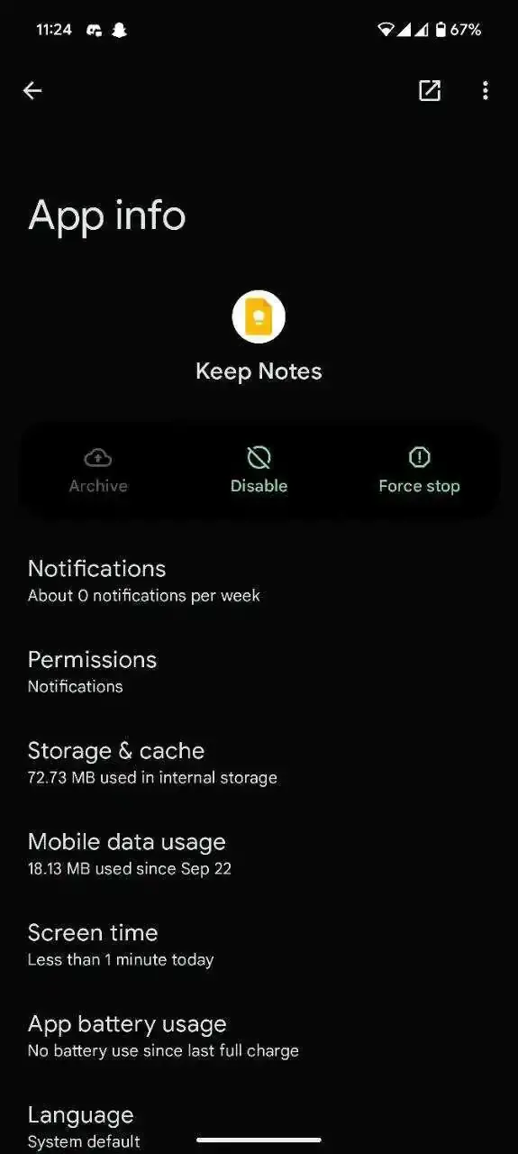 Google Keep'in Android 16 ile kaldırma seçeneği sunmadığını gösteren ekran görüntüsü.