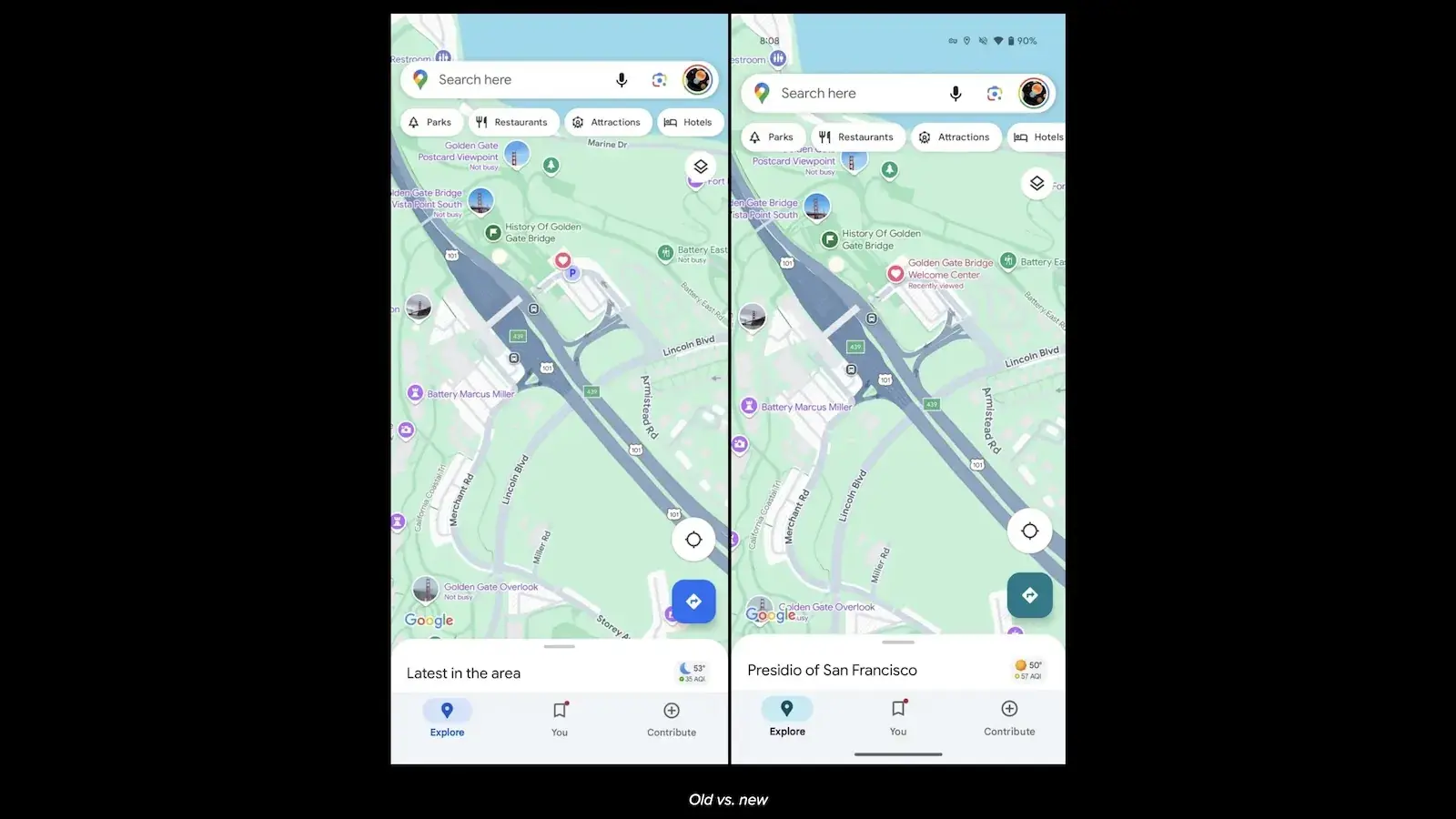 Eski ve yeni renkler. | Image Credit - 9to5Google - Android için Google Haritalar düğmeleri ve diğer kullanıcı arayüzü öğeleri, daha uyumlu bir görünüm için yeni bir renge kavuşuyor