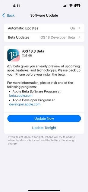 Apple, iOS 18.3 geliştirici beta 1'i yayınladı. | Resim kredisi-PhoneArena - Apple, iOS 18.3 geliştirici beta 1'in piyasaya sürülmesiyle iOS 18 beta programını yeniden başlatıyor