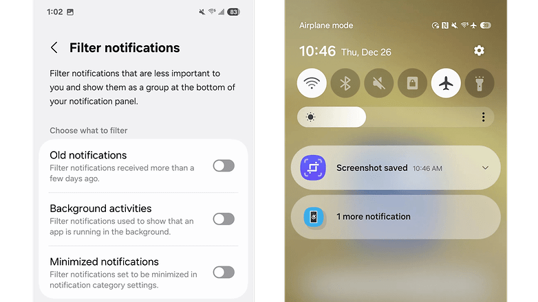 Bildirimleri filtreleme seçeneklerini gösteren Samsung One UI 7 bildirim ayarları.