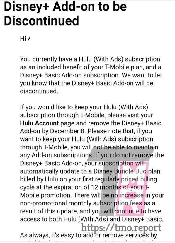 T-Mobile müşterileri, Disney+ eklentilerinden kurtulmaları gerektiği veya ücretsiz Hulu avantajlarını kaybetmeleri gerektiği konusunda uyarılıyor. | Resim kredisi-Mobil Raporu - Dahili T-Mobile notu, operatörün en iyi ücretsiz özelliklerinden birine gelen değişiklikleri ortaya koyuyor