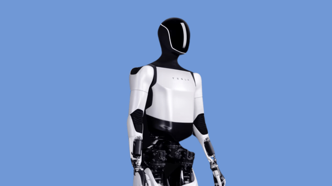 Tesla'nın Optimus robotu mavi bir arka plana karşı