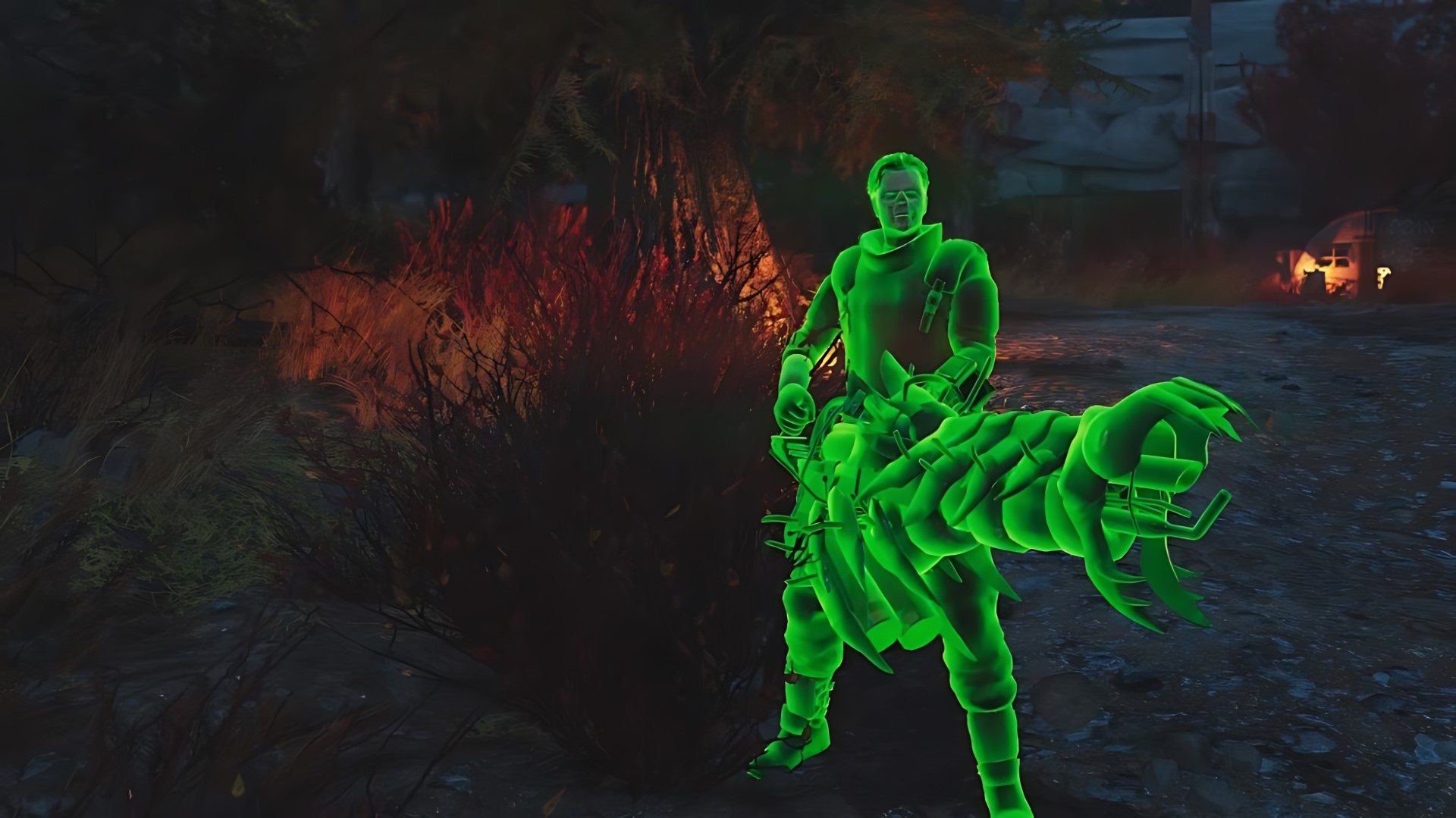Fallout 76'da elinde bir alev tutan ve yeşil ışınlar saçan bir Ghoul