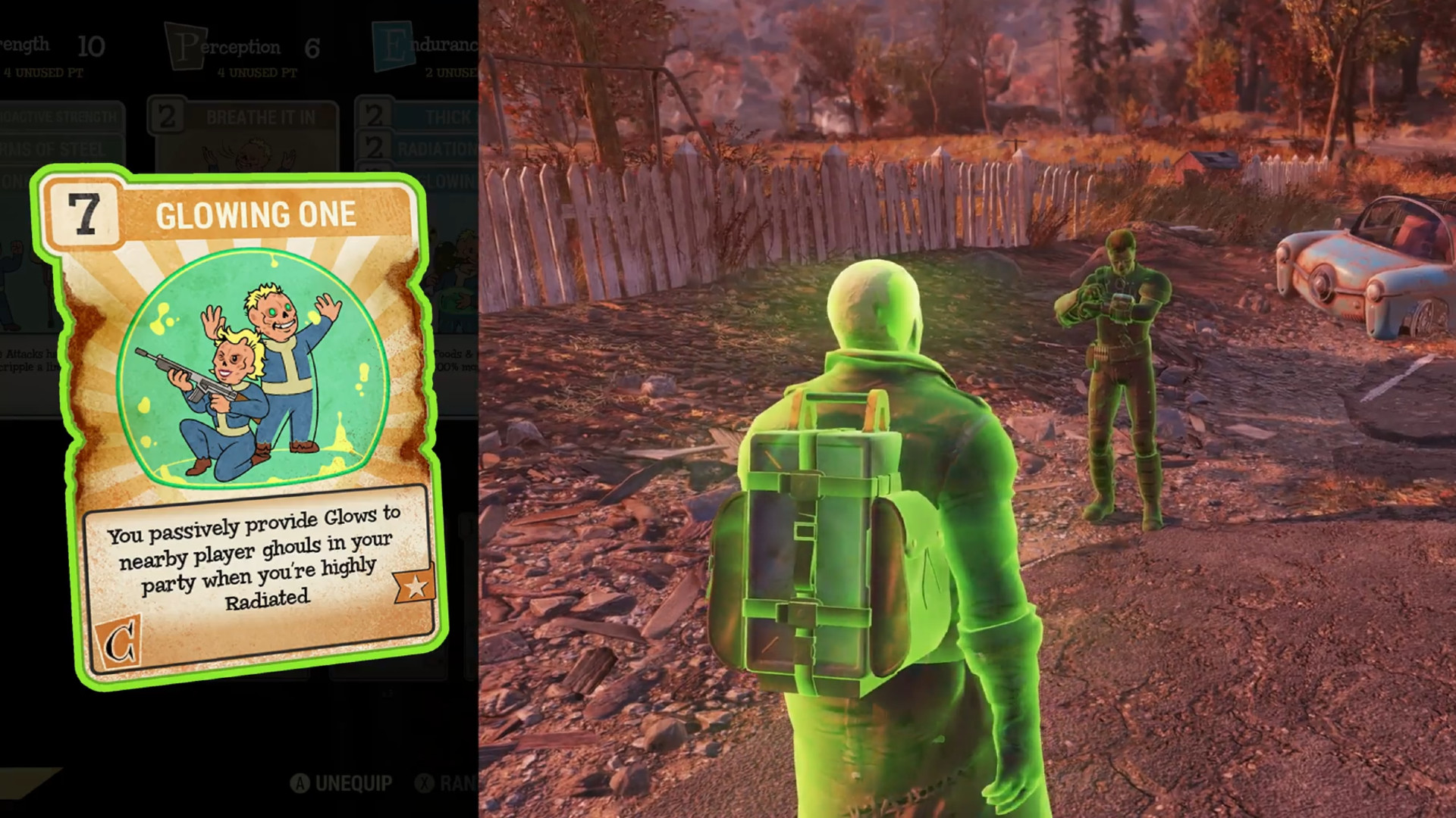 fallout-76-oynanabilir-ghoul-avantajları-parlayan-bir Fallout 76 oynanabilir gulyabani - Yakındaki oyuncu gulyabanilere pasif olarak Parıltı sağlayan The Glowing One yeteneği.