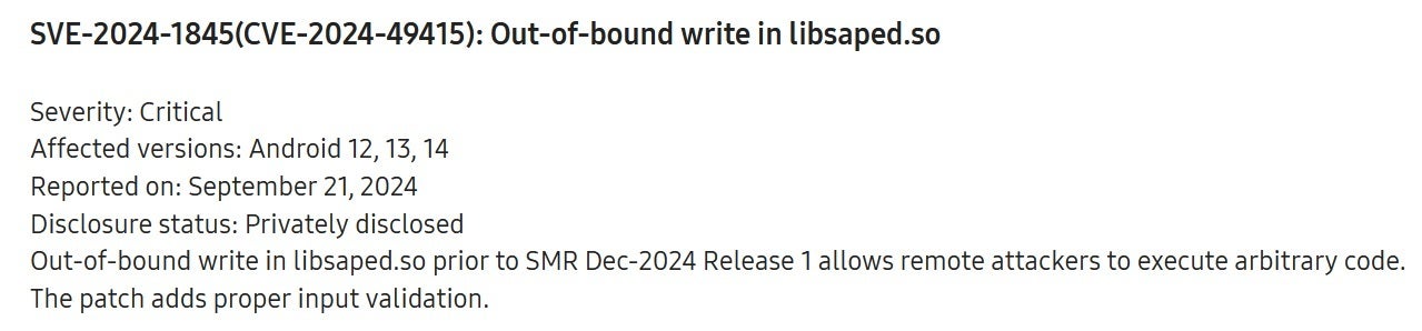 Yamasız CVE-2024-49415, uzaktaki bir saldırganın telefonunuzda kötü amaçlı kod çalıştırmasına izin verebilir. | Resim-kredi-Samsung Mobile - Galaxy S24 kullanıcılarının Aralık ayı güvenlik güncellemesini en kısa sürede yüklemeleri gerekiyor. İşte nedeni