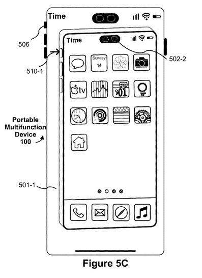 Apple'ın patent başvurusundaki çizimde iPhone'un sol tarafında üç Eylem Düğmesi gösterilmektedir. | Resim kredisi-USPTO - Gelecekteki iPhone'larda ses seviyesi kontrollerinin yerini alan özelleştirilebilir düğmeler bulunabilir