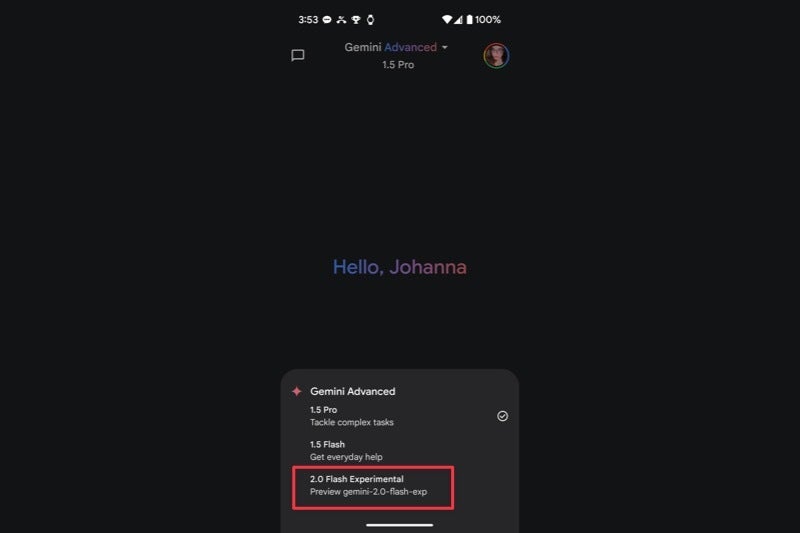 Android'deki Gemini uygulamasının 2.0 Flash Experimental sürümünün mevcut olduğu model sürümü açılır menüsünü gösteren ekran görüntüsü