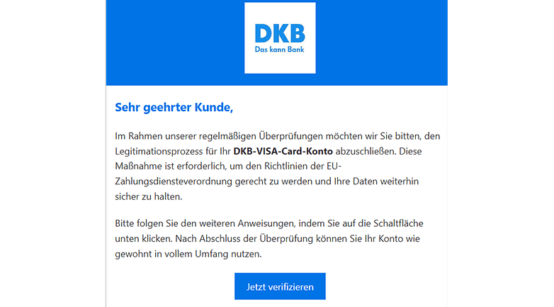 Hesap doğrulaması isteyen DKB'den gelen e-posta yoluyla kimlik avı uyarısı.