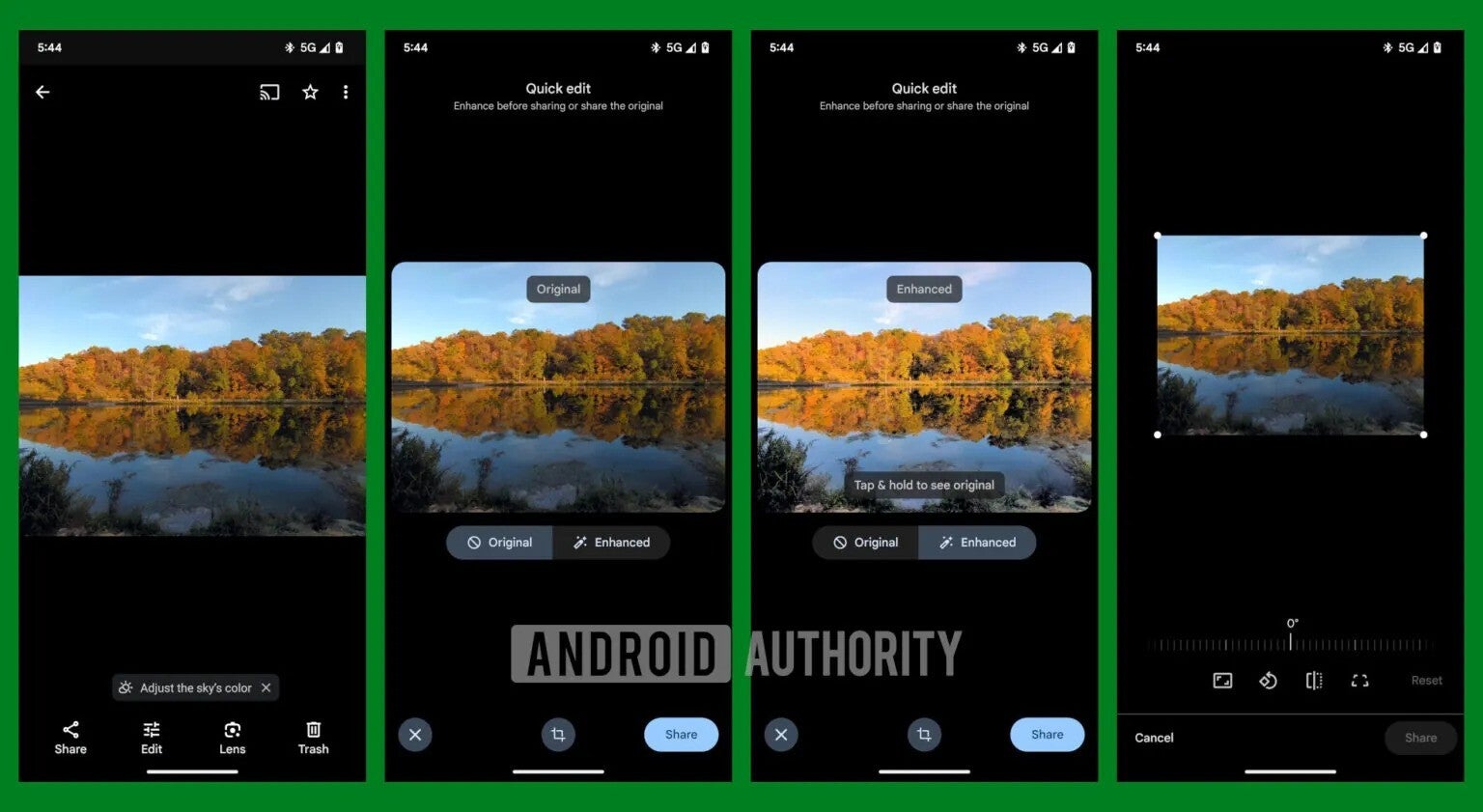 Google Fotoğraflar'ın fotoğraf düzenleme yeteneklerini gösteren bir dizi akıllı telefon ekranı.