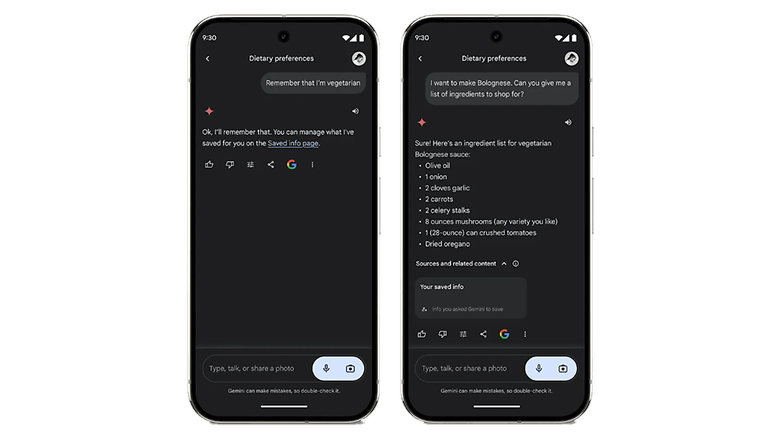 İki akıllı telefon ekranı, beslenme tercihleri ​​ve vejetaryen yemek tarifleri hakkında bir konuşmayı gösteriyor.
