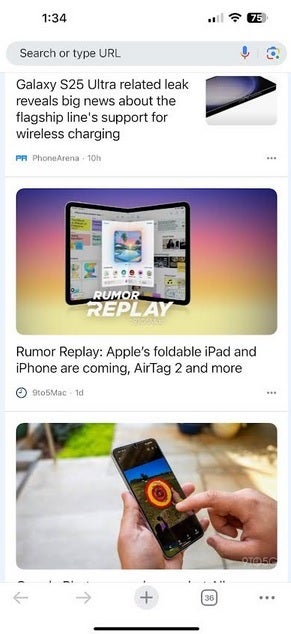 Google Chrome'un iOS sürümünün ekran görüntüsü.