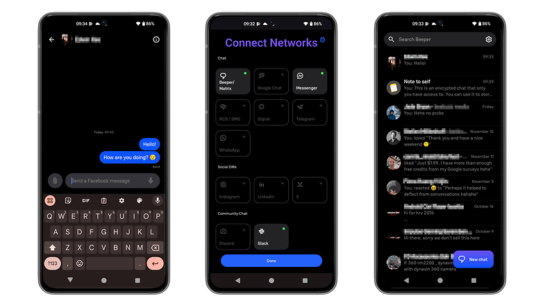 Mesajlaşma uygulamalarını ve bağlantı ayarlarını gösteren üç akıllı telefon ekranı. Mesajlaşma uygulamalarını ve bağlantı ayarlarını gösteren üç akıllı telefon ekranı.