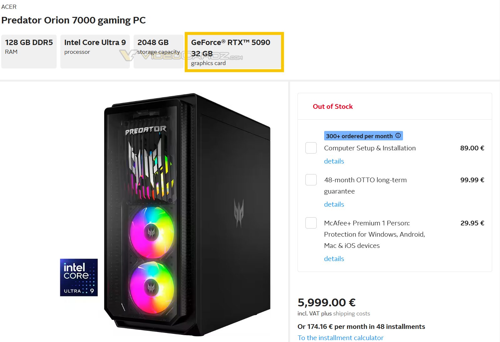 Acer Predator Orion 7000, Videocardz.com aracılığıyla sızdırıldı (Otto.de'den alınmıştır)