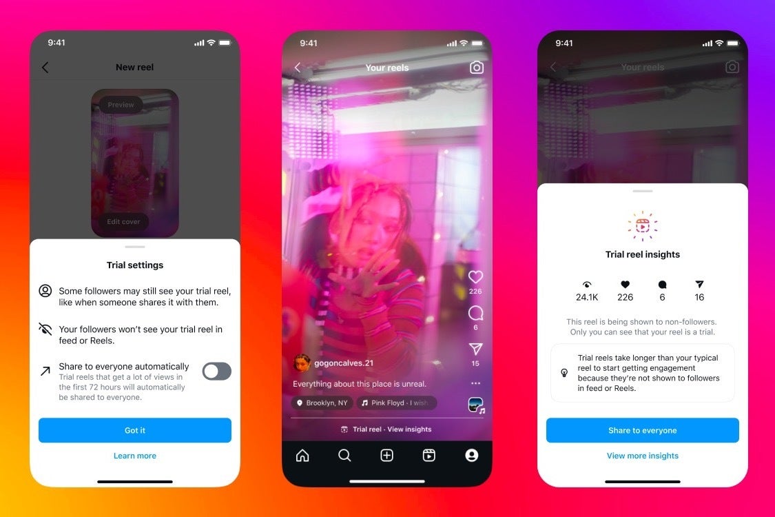 Instagram Deneme Makaraları içgörülerinin ekran görüntüleri