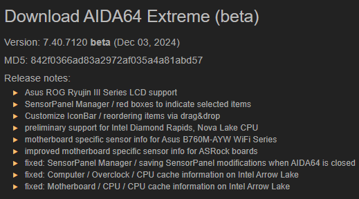 AIDA64 Extreme Beta güncellemesi