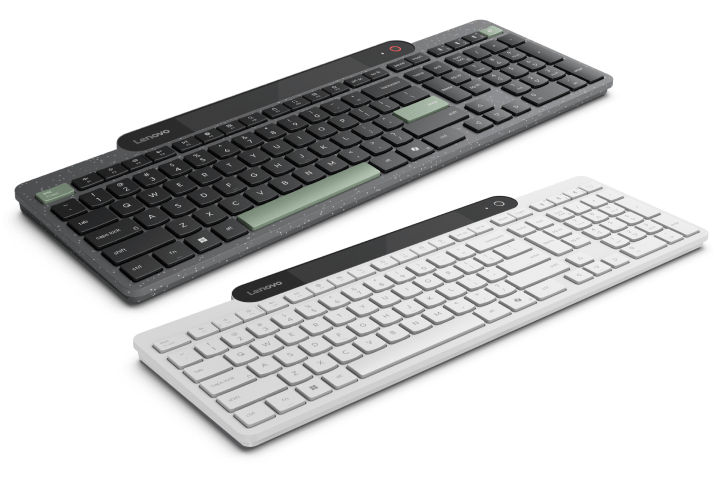Lenovo'nun kendi kendini şarj eden kablosuz Bluetooth klavyesinin siyah beyaz sızdırılmış görüntüsü