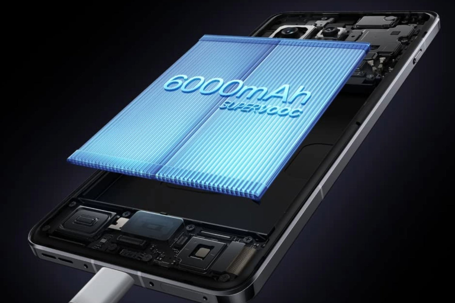 Büyük bir 6000mAh pili gösteren bir akıllı telefonun kesit görüntüsü.
