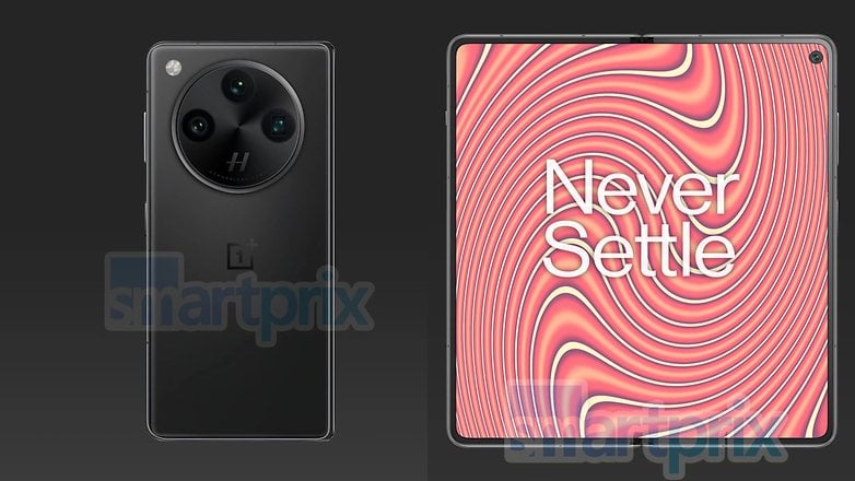 OnePlus Open 2 akıllı telefon, arkadan görünüm ve 'Asla Yerleşmez' metninin yer aldığı ekrana sahip. OnePlus Open 2 akıllı telefon, arkadan görünüm ve 'Asla Yerleşmez' metninin yer aldığı ekrana sahip.