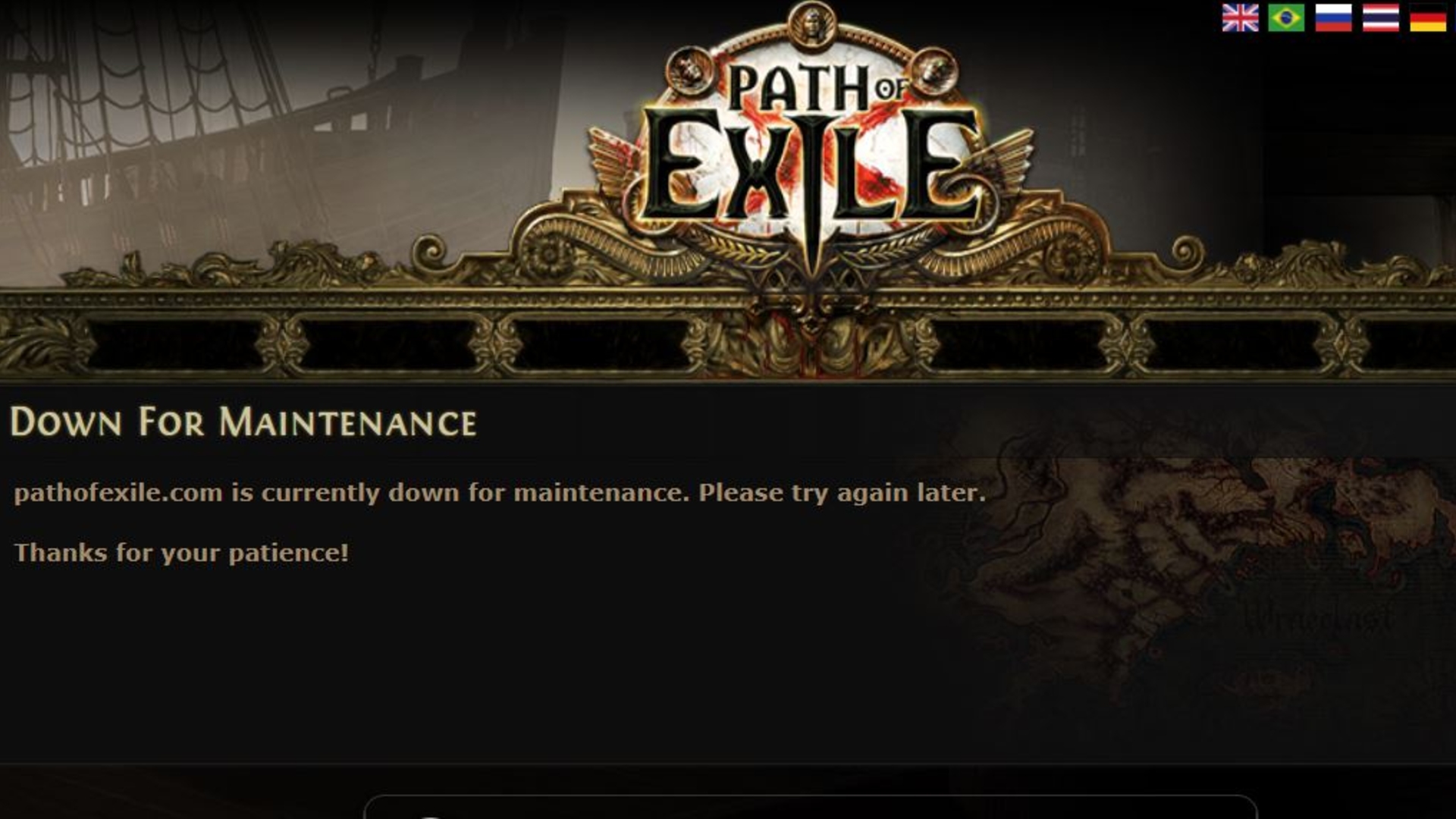 Path of Exile 2 Sunucu durumu: Path of Exile web sitesindeki sunucu bakım mesajının ekran görüntüsü