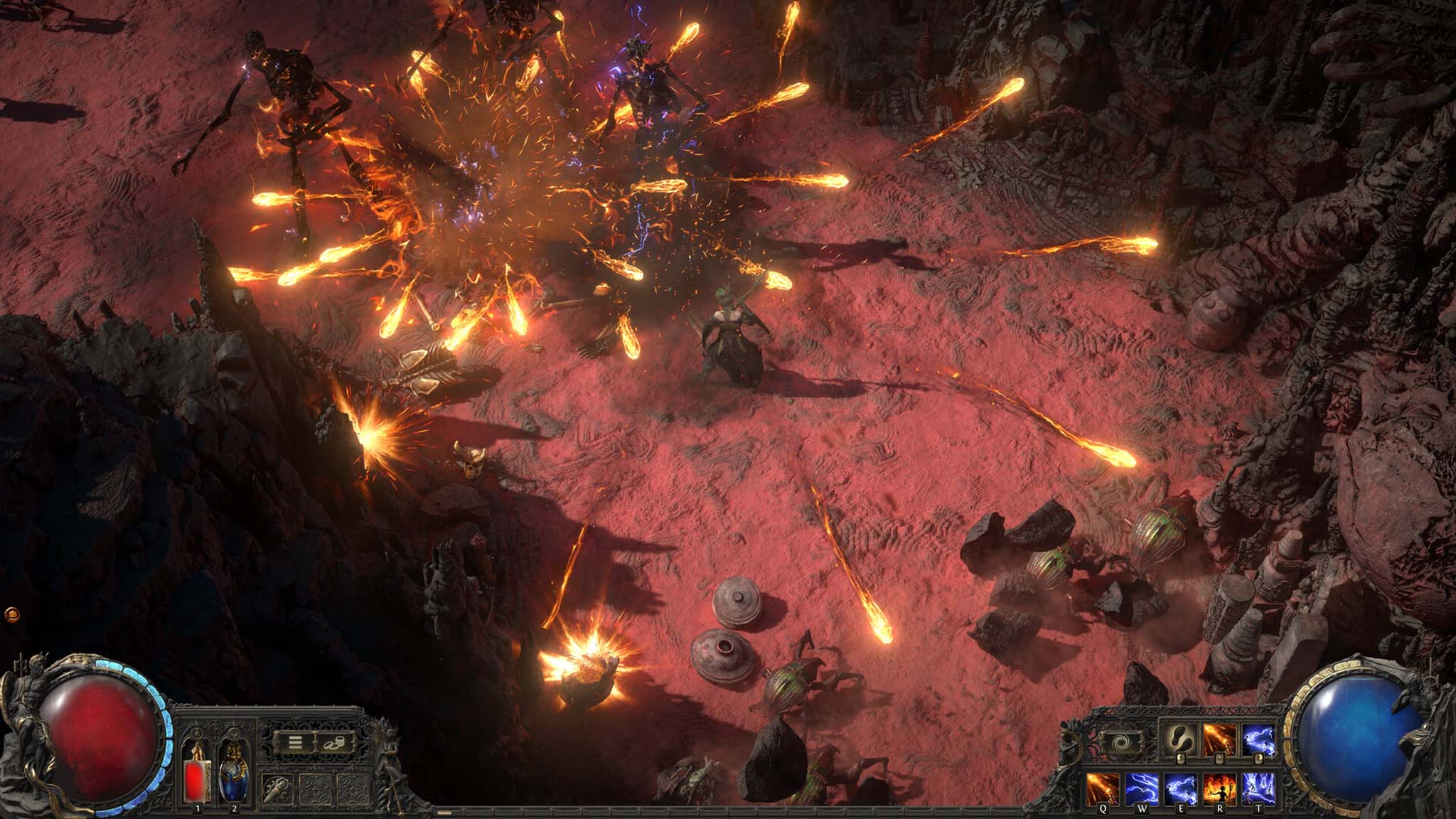 Path of Exile 2 düşmanları ateşli saldırılar gerçekleştiriyor.