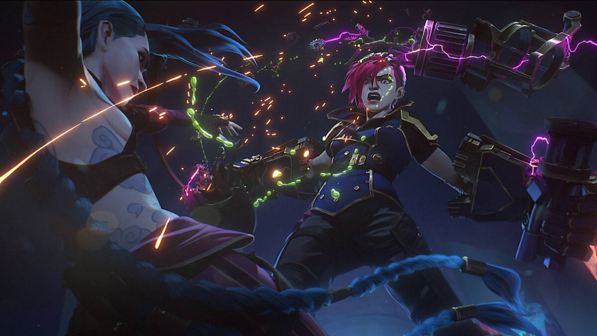 gizemli-sezon-2-efsaneler ligi-lol-küllere-ve-kan-woodkid-mako-röportajı-shuriman-ilahi League of Legends Arcane Sezon 2'den Vi ve Jinx'in bir görüntüsü, Vi bir neon patlamasıyla Jinx'in makineli tüfeğini parçalıyor