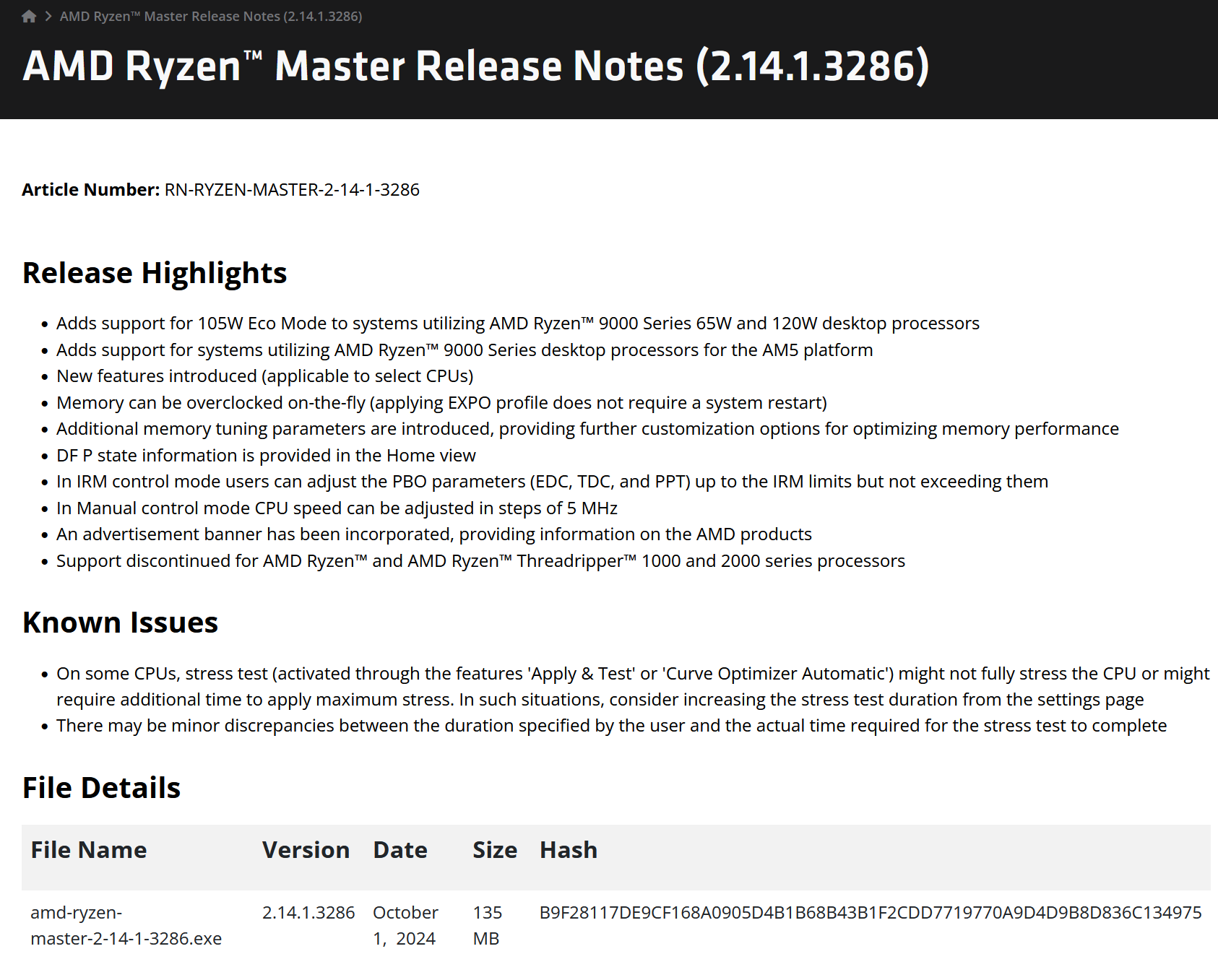 AMD Ryzen Master Sürüm Notları 2.14.1.3286