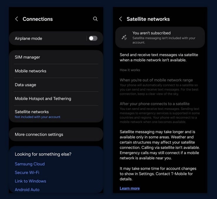 Bazı T-Mobile abonelerinin Samsung Galaxy telefonlarında buldukları Uydu ağları sayfası. | Resim kredisi-DroidLife - Samsung ve iPhone kullanıcıları, T-Mobile'ın Starlink'inin beta sürümünü başlatmaya yaklaştığına dair işaretler görüyor